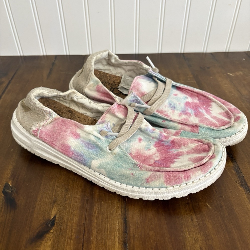 Hey Dude Wendy Boho Mandala Tie Dye Pink Blue Slip On Loafers Shoes Womens 8